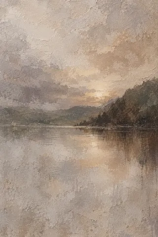 A lake at dusk, mirror still in sand, stone, gray, brown; portrait artwork.