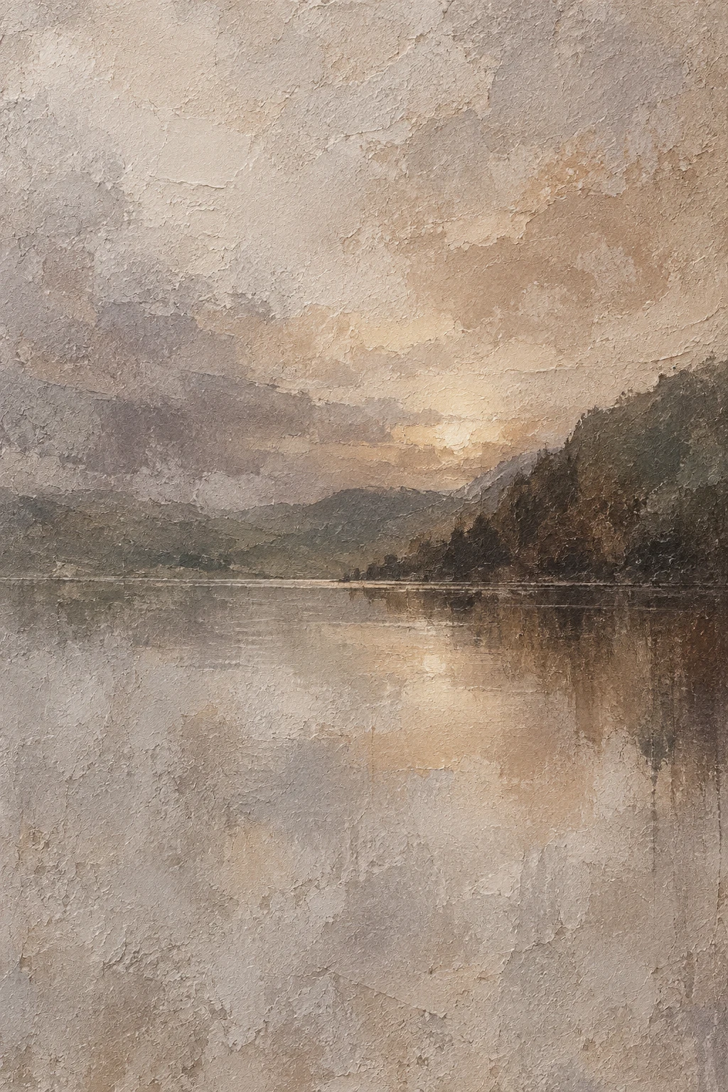 A lake at dusk, mirror still in sand, stone, gray, brown; portrait artwork.
