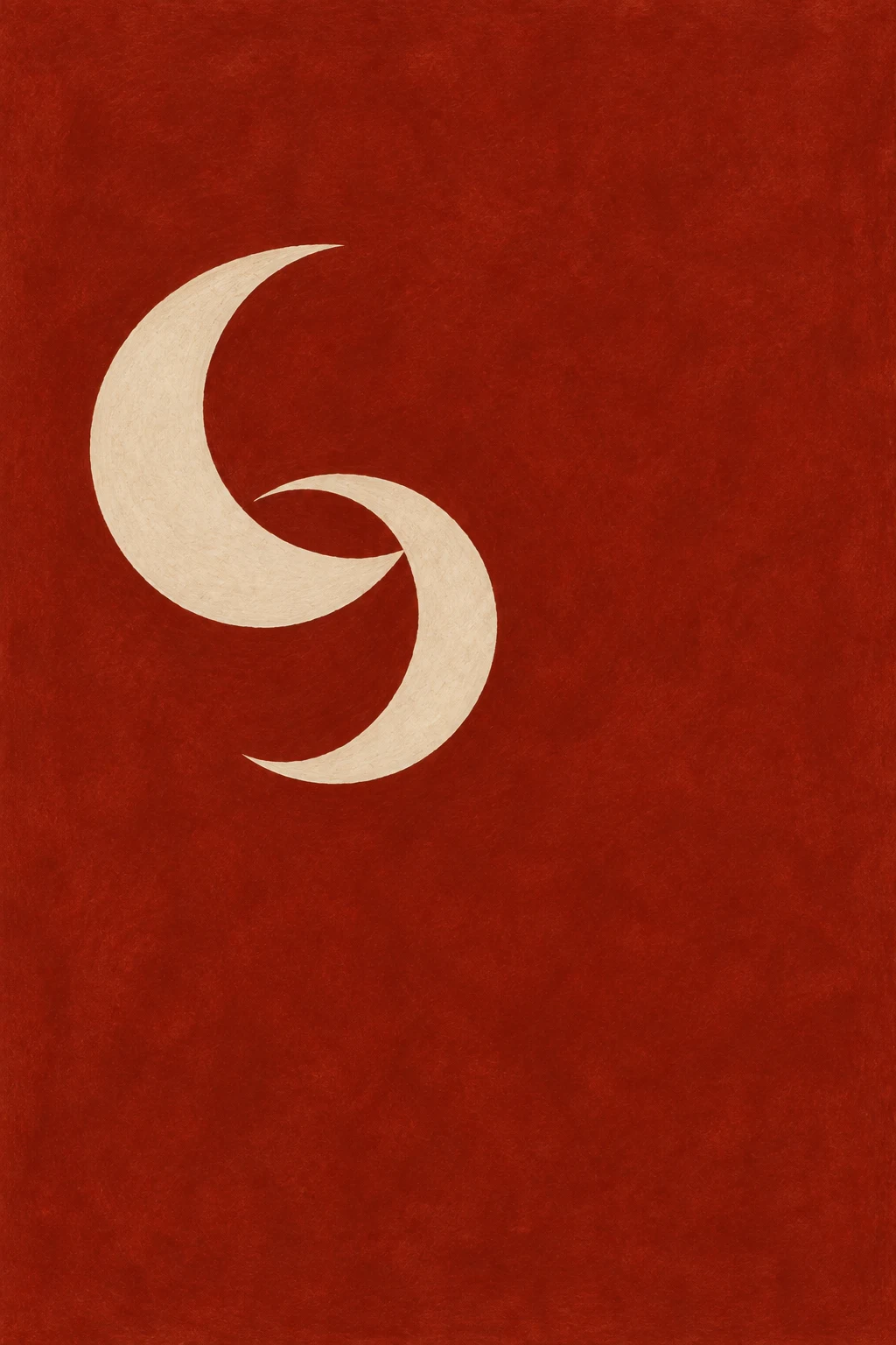 Two interlocking crescents in rust, terracotta; portrait artwork.