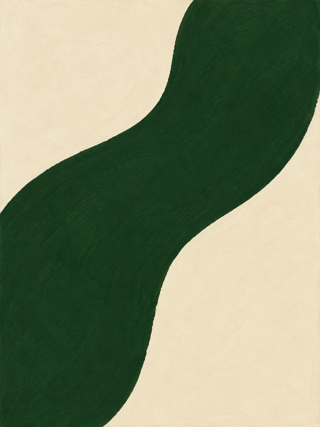 One long confident sweep from lower left to upper right in forest green, cream; portrait artwork.