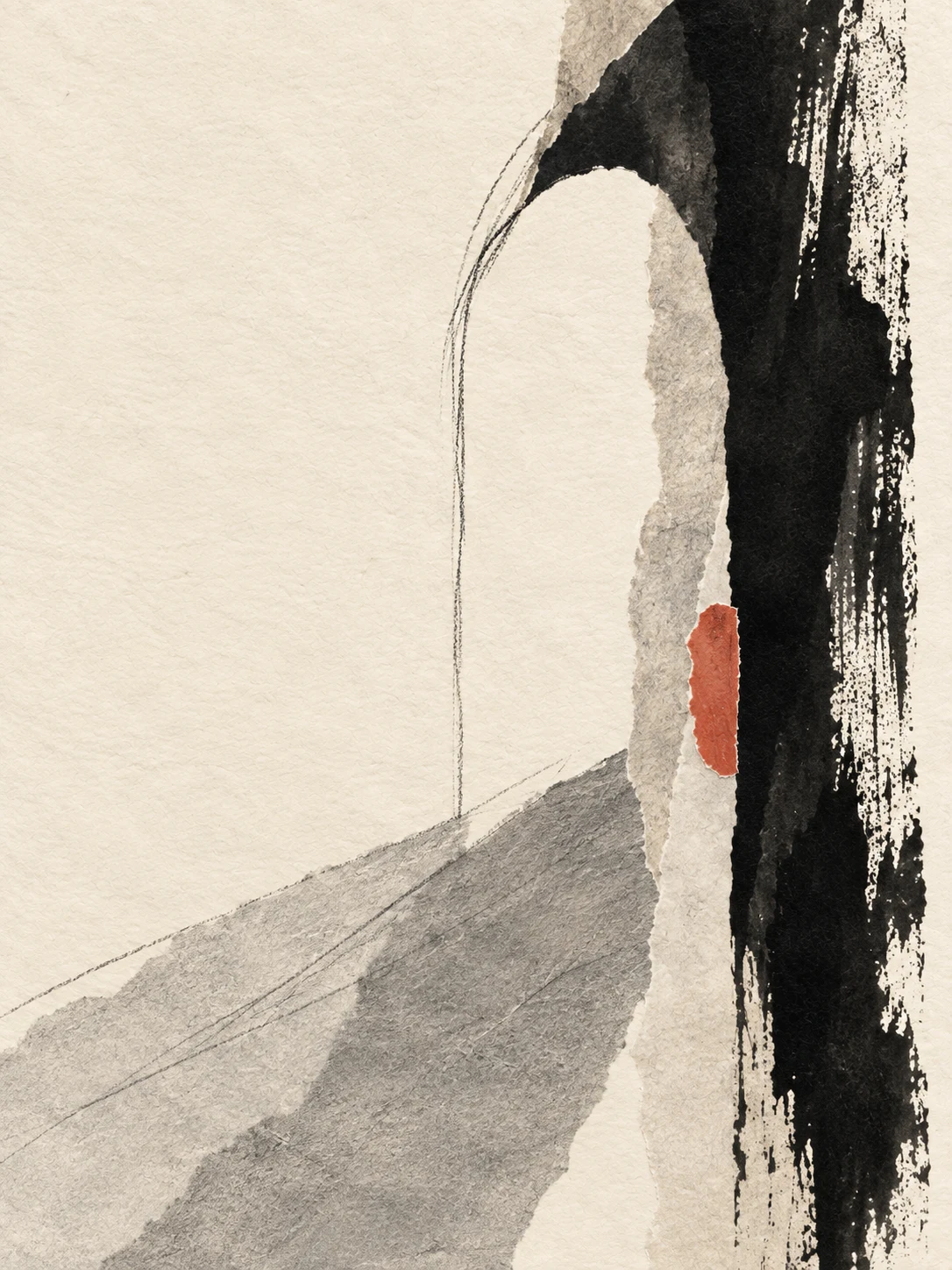 An arch and its shadow in cream, stone, black, taupe; portrait artwork.