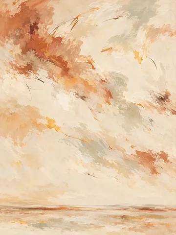Soft cloud-like forms drifting left in cream, sand, blush; portrait artwork.