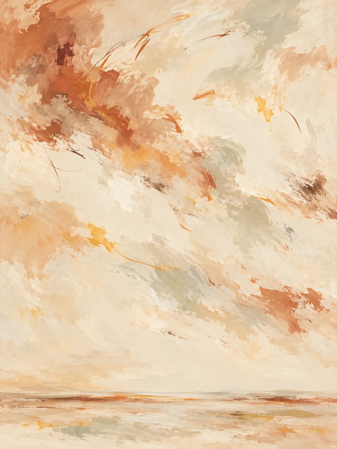 Soft cloud-like forms drifting left in cream, sand, blush; portrait artwork.
