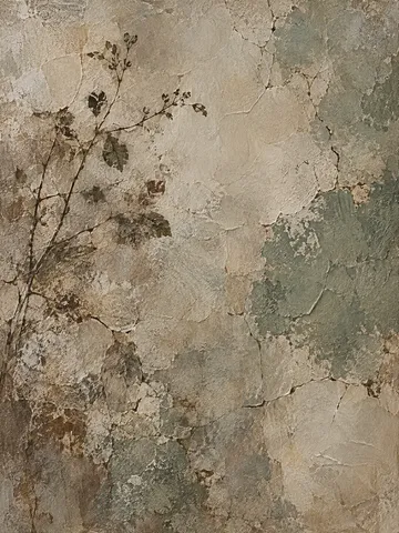 A cracked wabi-sabi field with one patch of a second color in sand, taupe, olive, gray; portrait artwork.