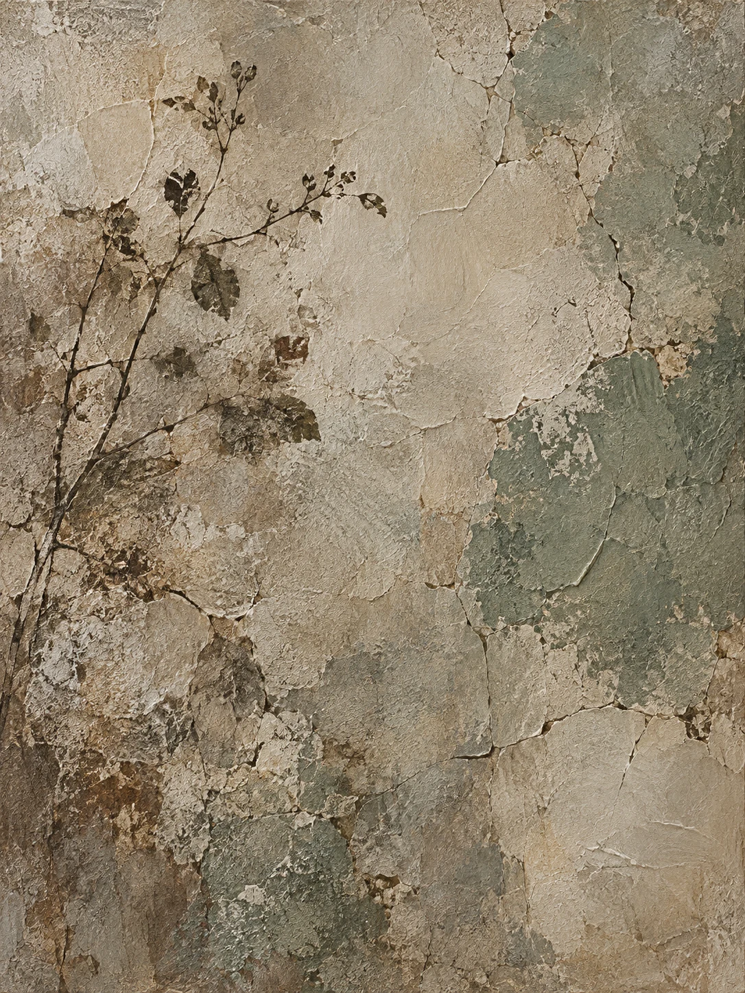 A cracked wabi-sabi field with one patch of a second color in sand, taupe, olive, gray; portrait artwork.