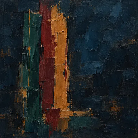 A single brushstroke column set off-center in black, navy, brown; square artwork.