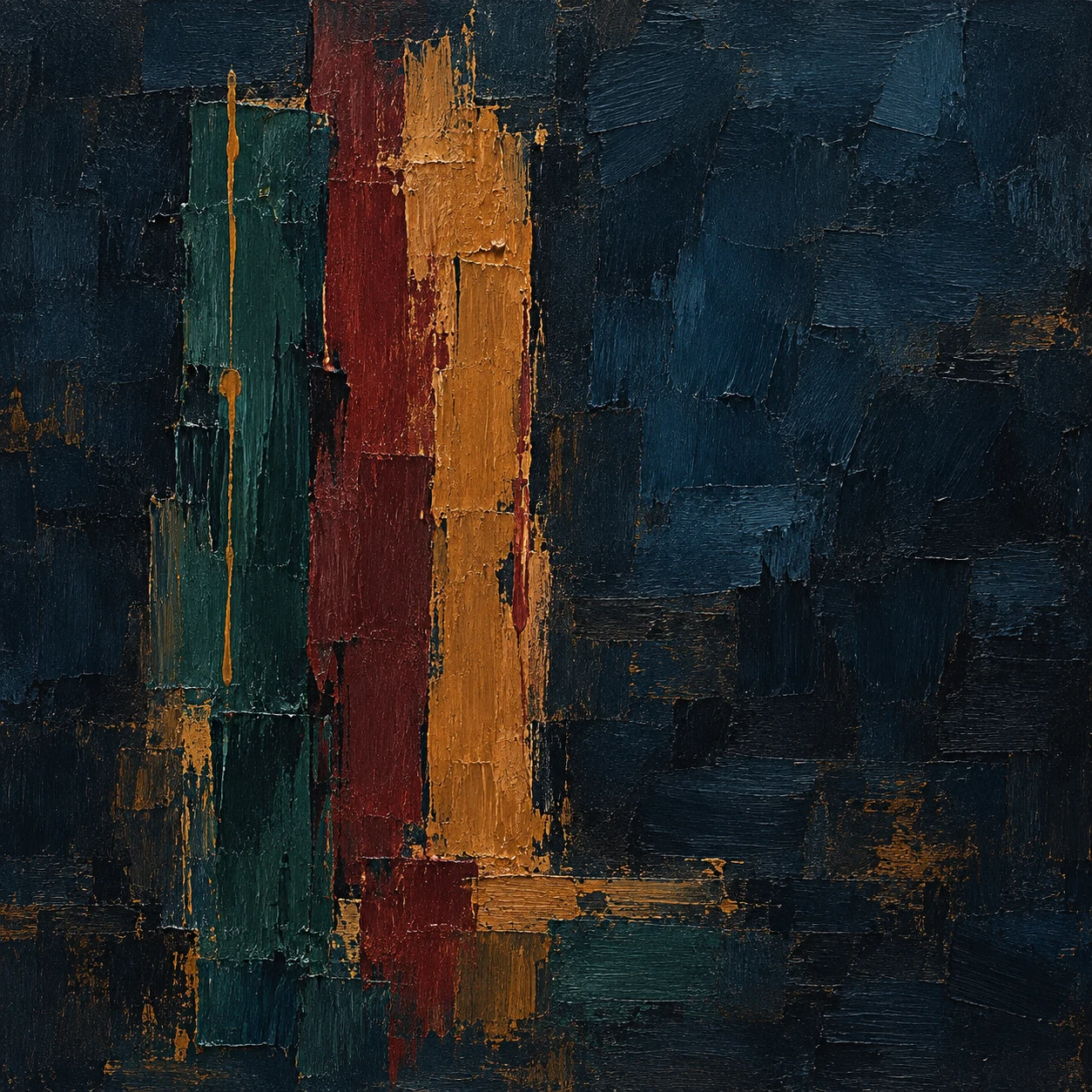 A single brushstroke column set off-center in black, navy, brown; square artwork.