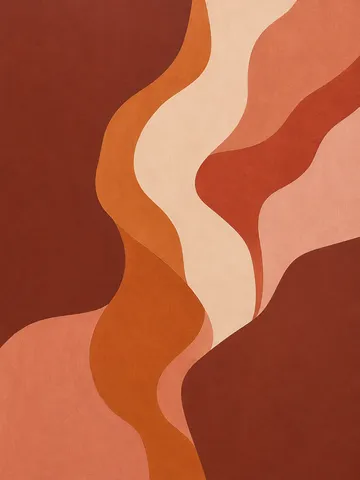 Thick flowing organic bands like a river seen from above in rust, orange, terracotta, stone; portrait artwork.