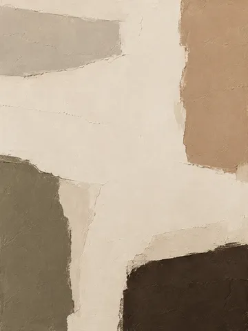 A cracked wabi-sabi field with one patch of a second color in cream, stone, olive, sand; portrait artwork.