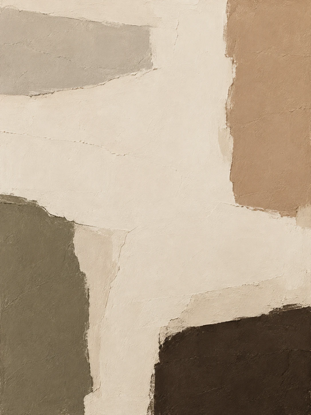 A cracked wabi-sabi field with one patch of a second color in cream, stone, olive, sand; portrait artwork.