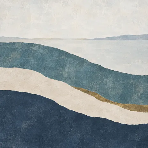 A single wide arc crossing the field in cream, charcoal, blue, navy; square artwork.