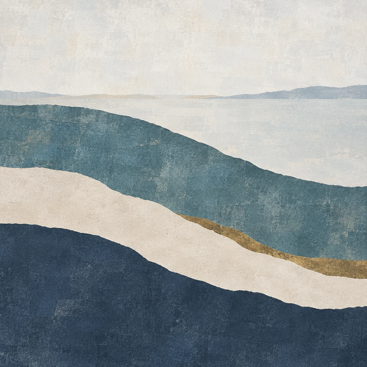A single wide arc crossing the field in cream, charcoal, blue, navy; square artwork.