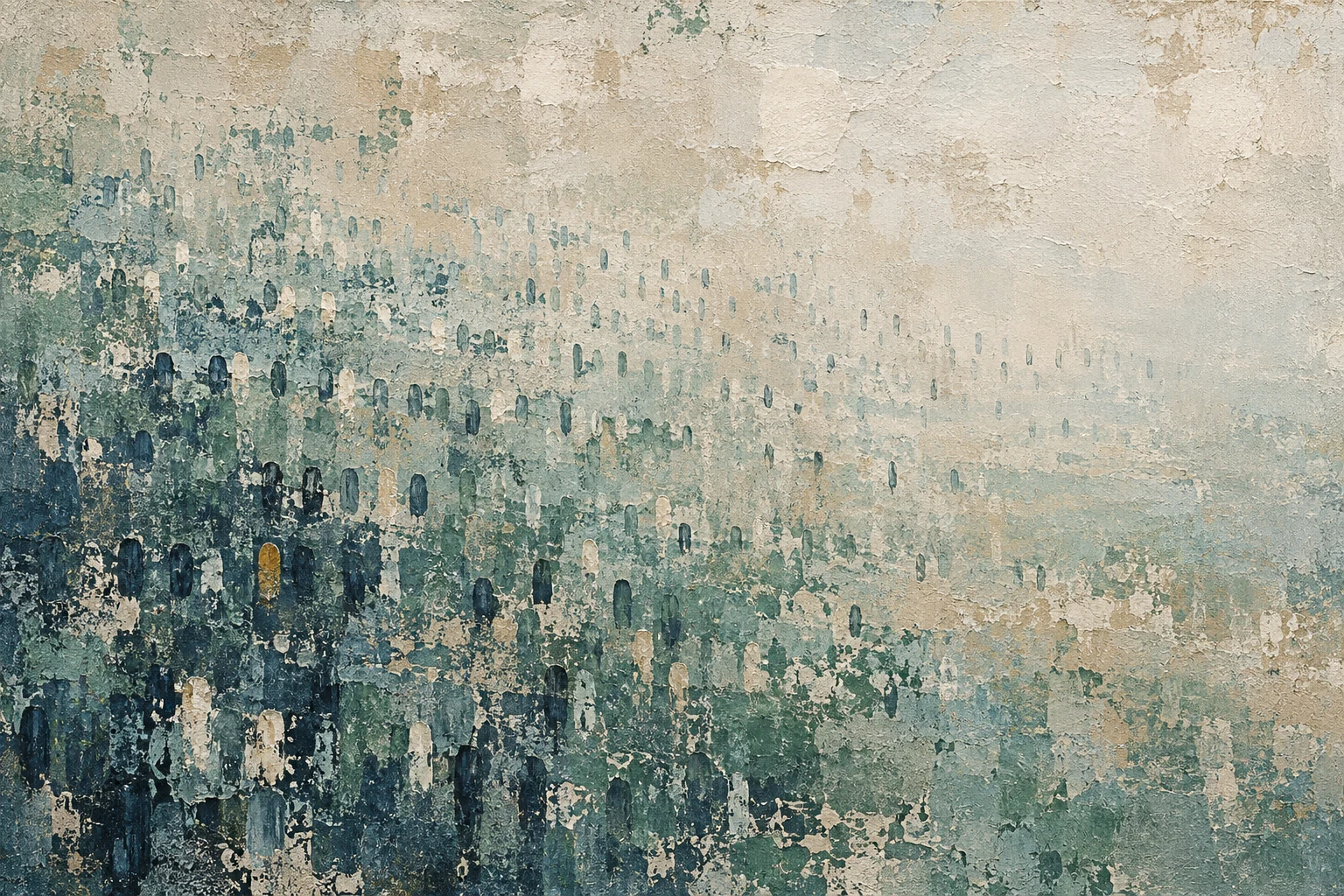 A field of small repeated marks fading toward one corner in stone, gray, olive, cream; landscape artwork.