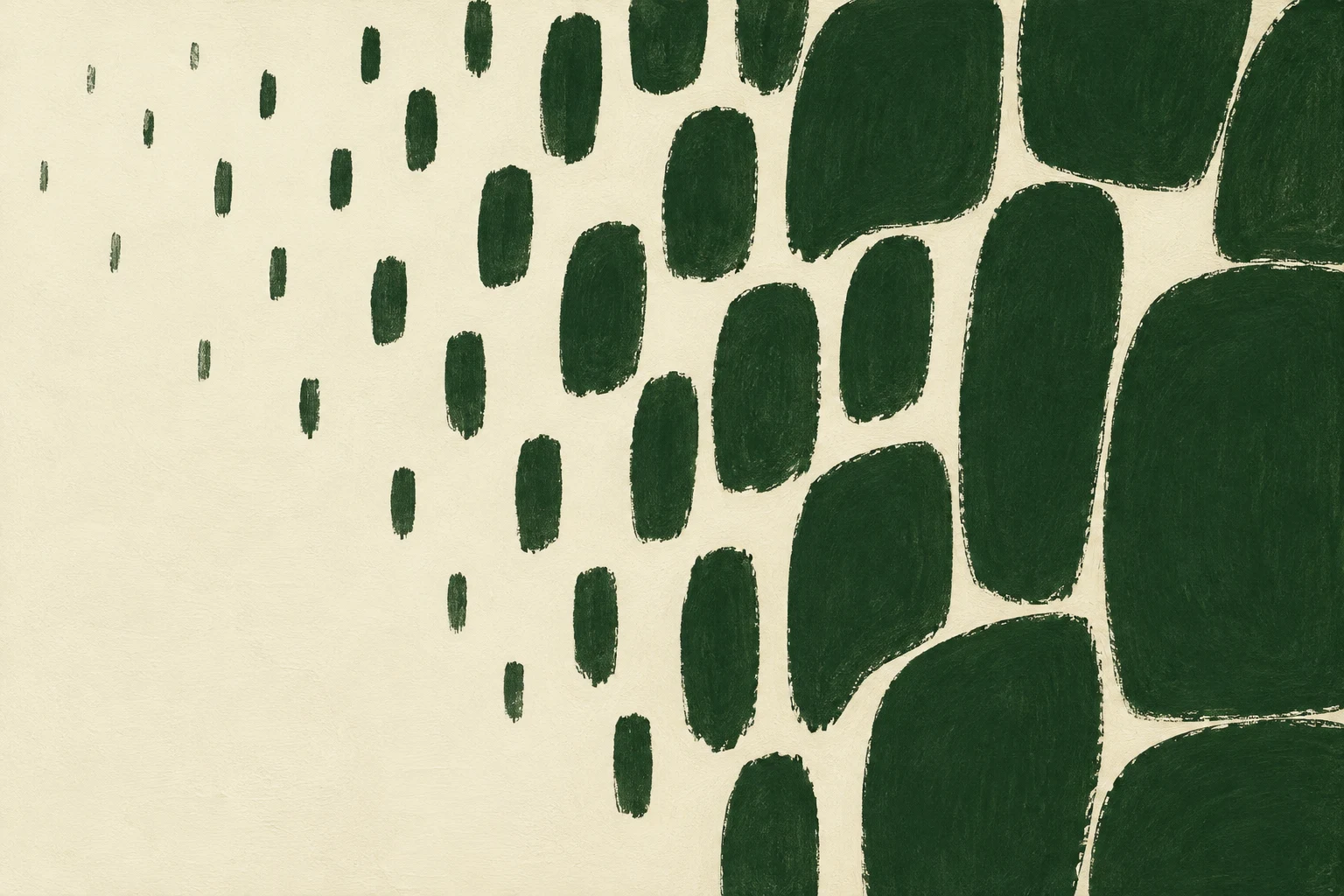 A field of small repeated marks fading toward one corner in cream, forest green, olive; landscape artwork.