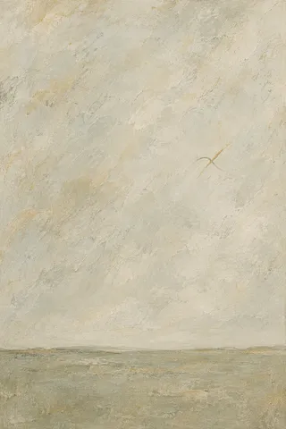 Two calligraphic strokes crossing in stone, cream, sage, sand; portrait artwork.