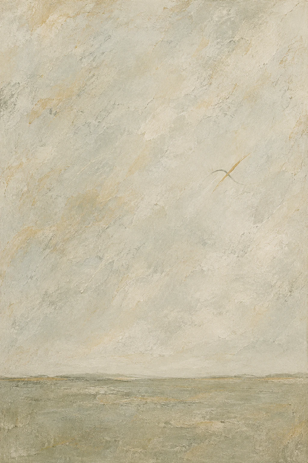 Two calligraphic strokes crossing in stone, cream, sage, sand; portrait artwork.