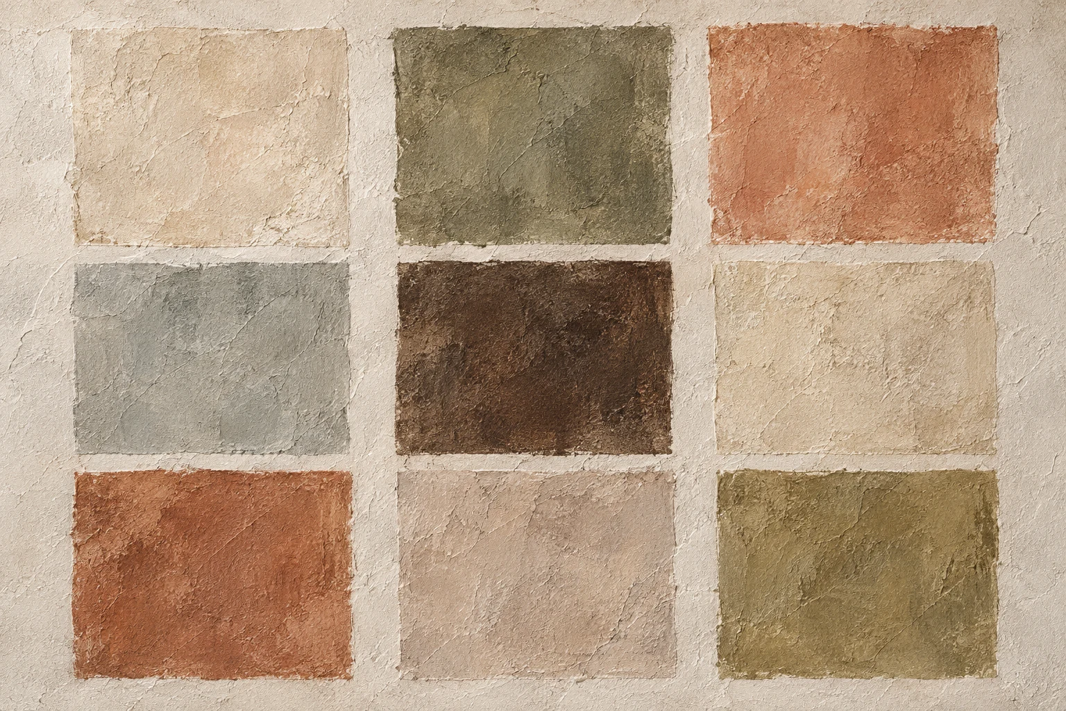 A quiet grid of nine soft squares in taupe, stone, sand, cream; landscape artwork.