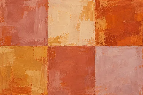 A quiet grid of nine soft squares in terracotta, blush, red, sand; landscape artwork.