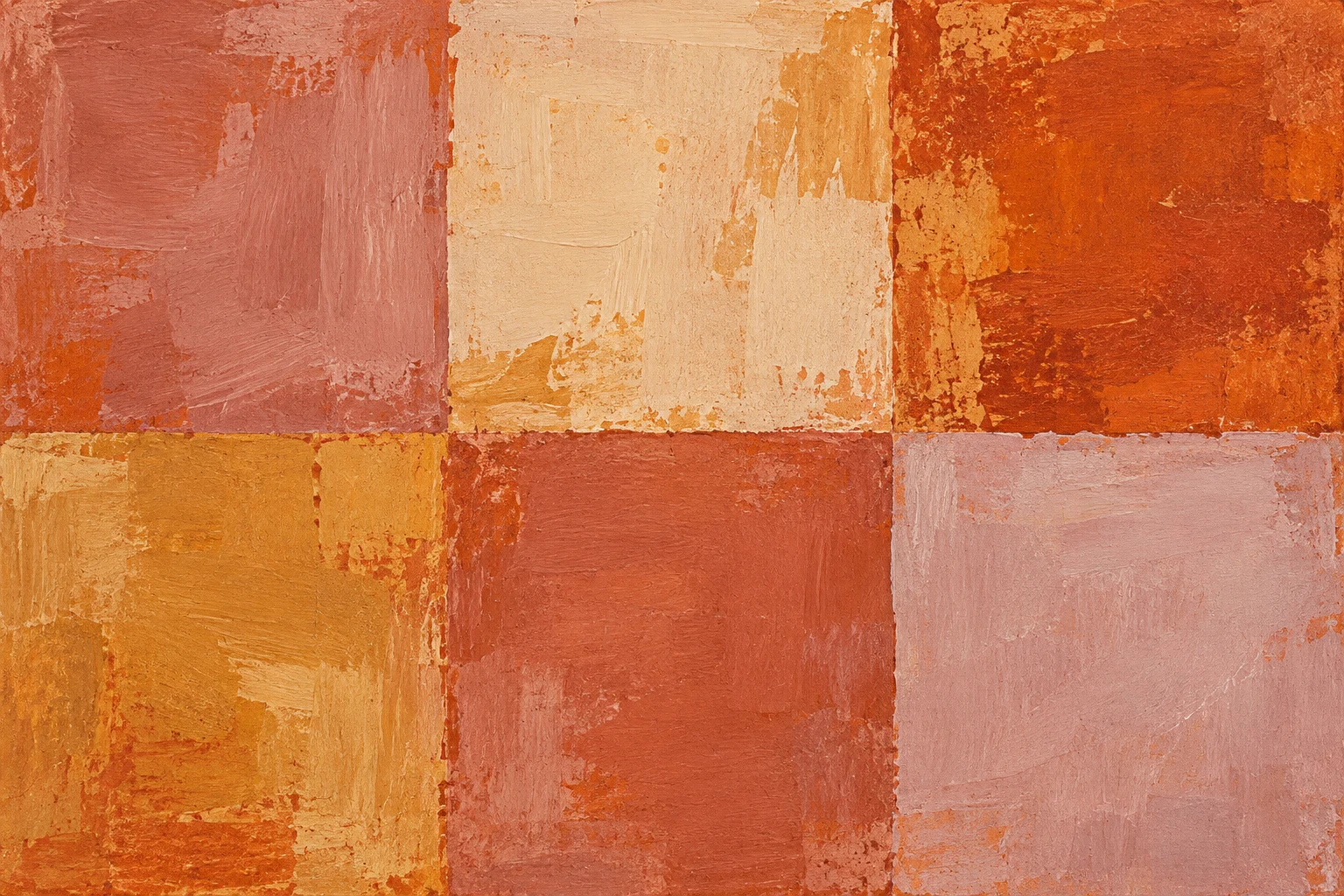 A quiet grid of nine soft squares in terracotta, blush, red, sand; landscape artwork.