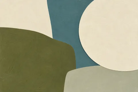A large circle with a softly shaded edge, off-center in cream, olive, stone, taupe; landscape artwork.