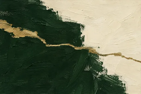 A thin gold-brass line across a dark field in black, cream, charcoal, stone; landscape artwork.