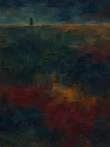 A monolith form standing left of center in black, navy, charcoal; portrait artwork.