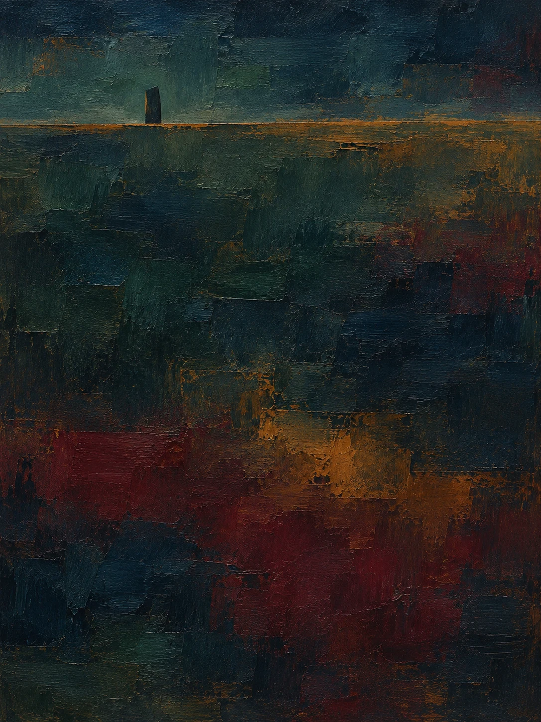 A monolith form standing left of center in black, navy, charcoal; portrait artwork.