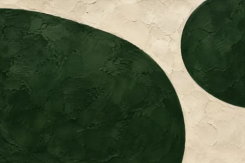 One oversized rounded form bleeding off two edges in black, forest green, cream, charcoal; landscape artwork.