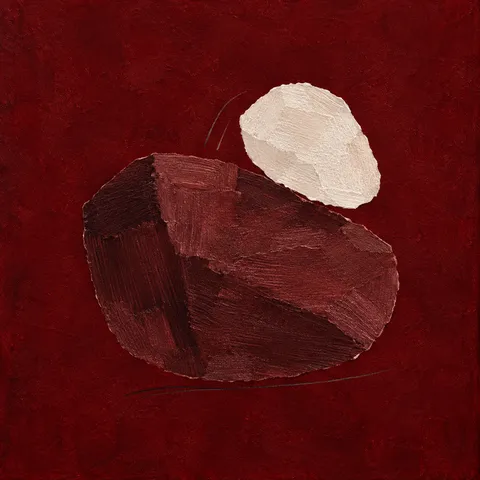 Two river-stone shapes, one large one small in burgundy, taupe; square artwork.