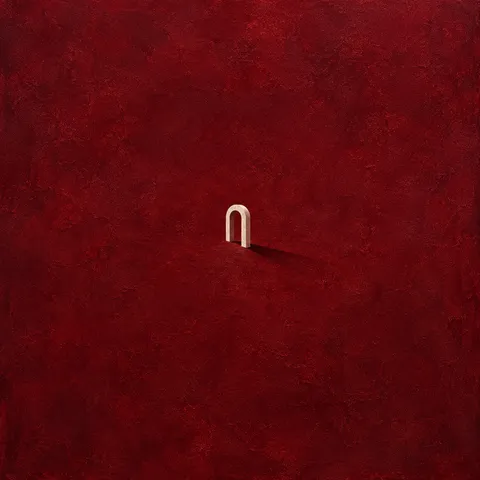 An arch and its shadow in burgundy; square artwork.