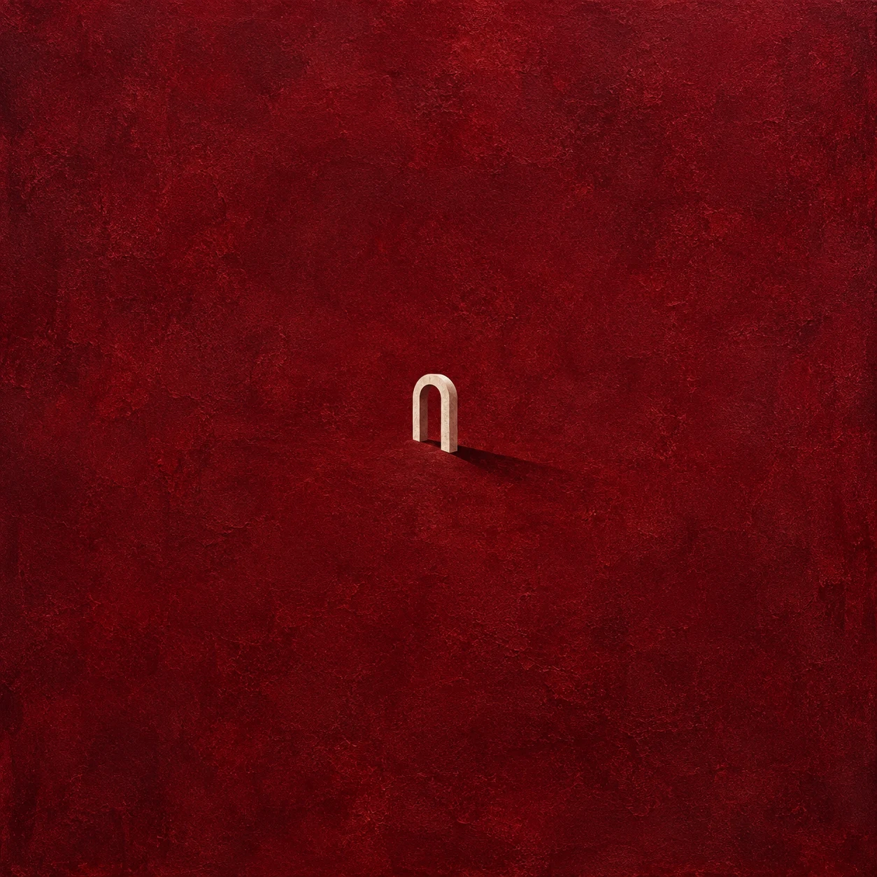An arch and its shadow in burgundy; square artwork.