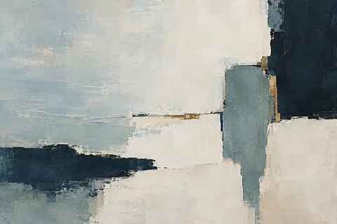 A torn edge revealing a darker layer beneath in cream, stone, black, gray; landscape artwork.