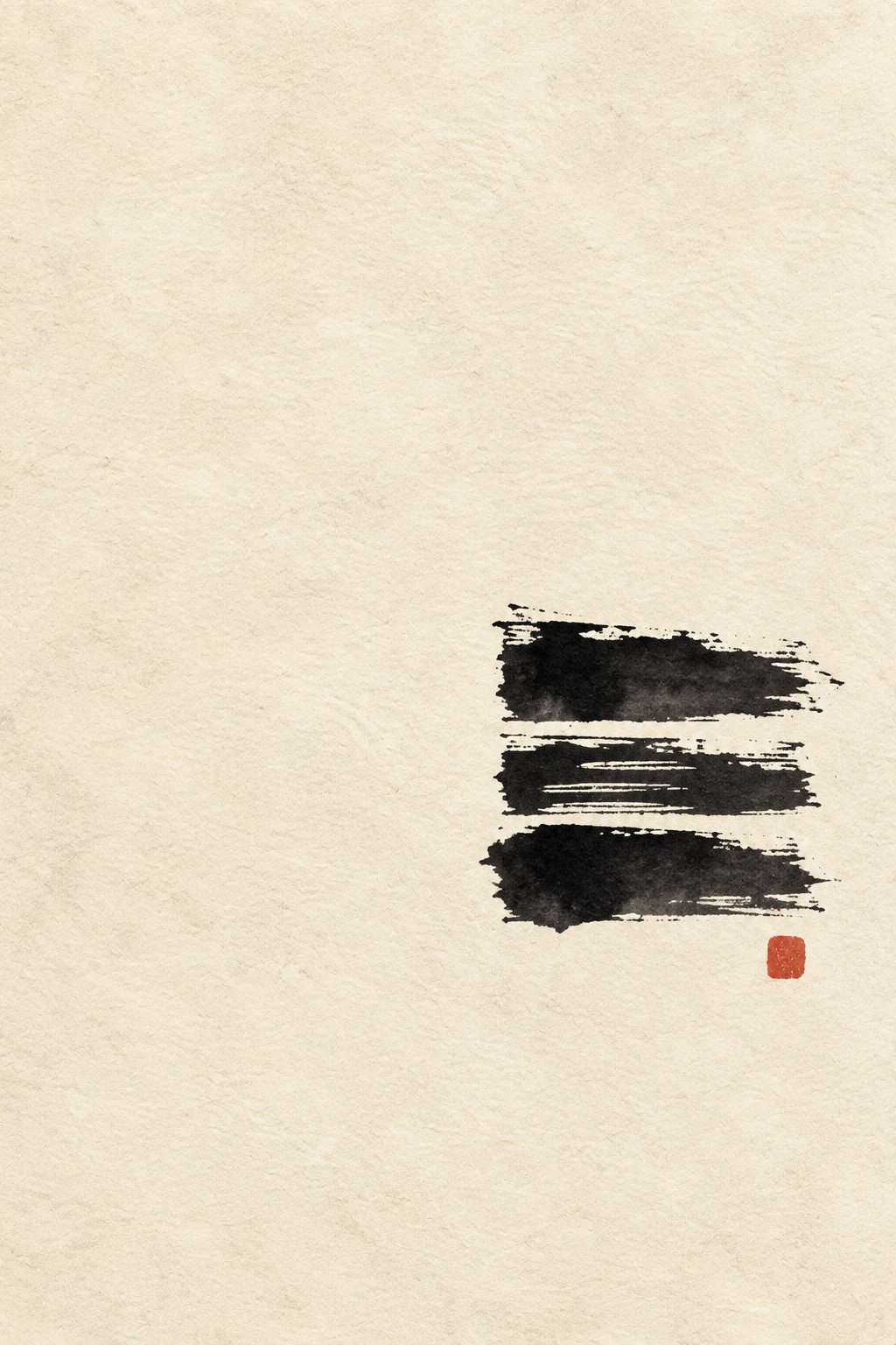 Three stacked horizontal bands with torn edges in cream, gray, white; portrait artwork.