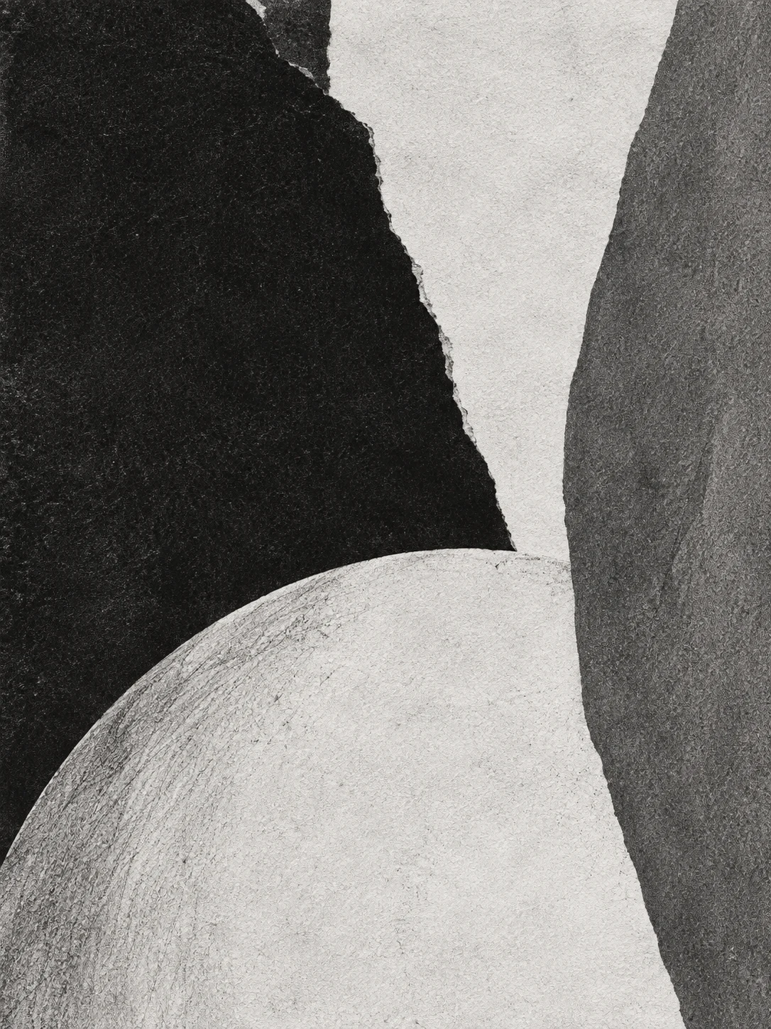A half-moon rising from the bottom edge in black, cream, charcoal, stone; portrait artwork.
