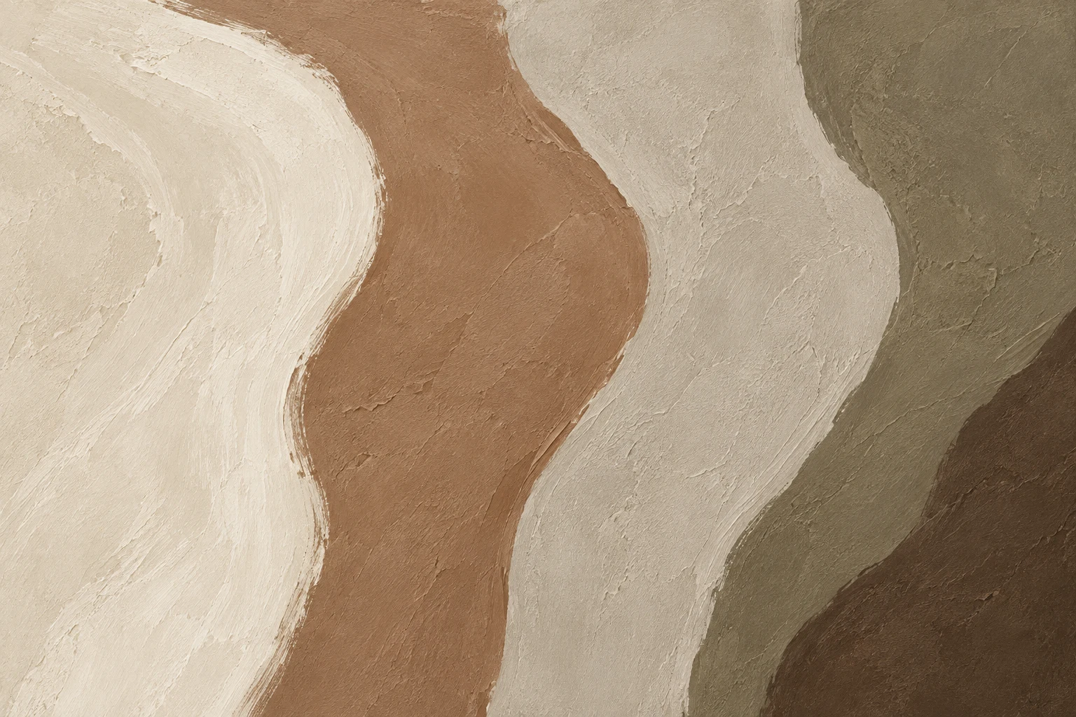 Three flowing vertical bands that bend like a slow current in taupe, cream, sand, brown; landscape artwork.