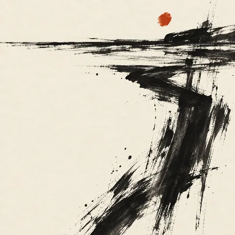 A single horizon line set very high in the field in white, cream, black, charcoal; square artwork.