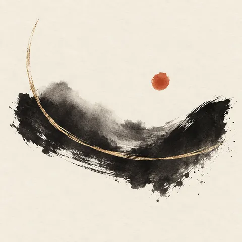 A thin gold-brass line across a dark field in white, charcoal, cream; square artwork.