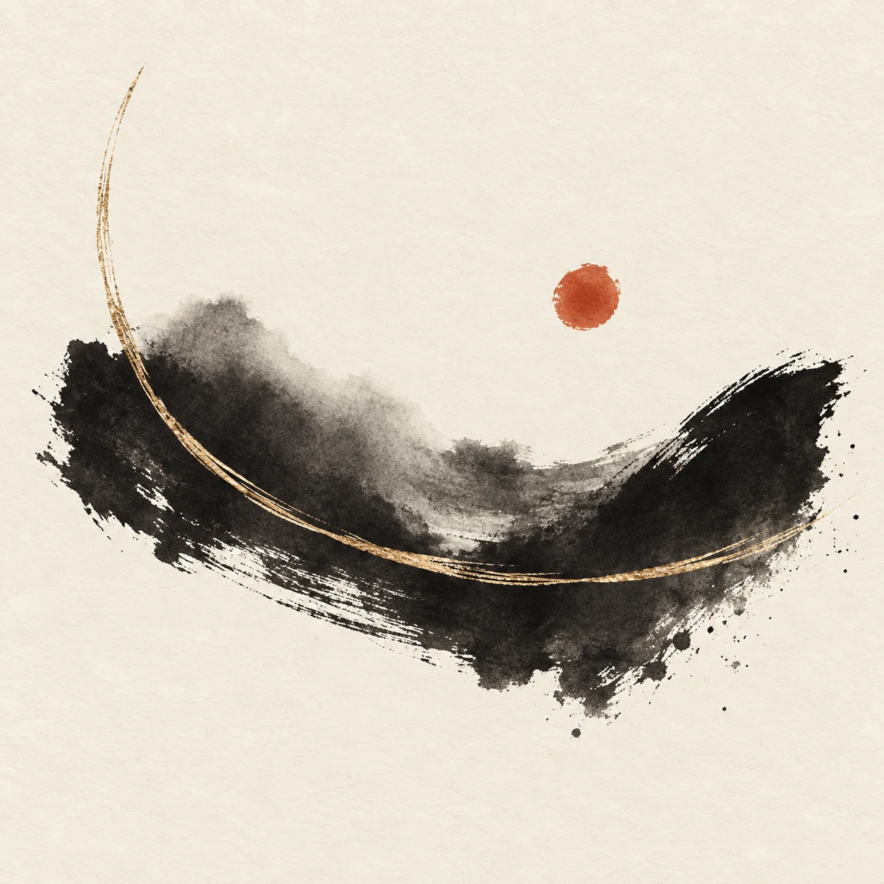 A thin gold-brass line across a dark field in white, charcoal, cream; square artwork.