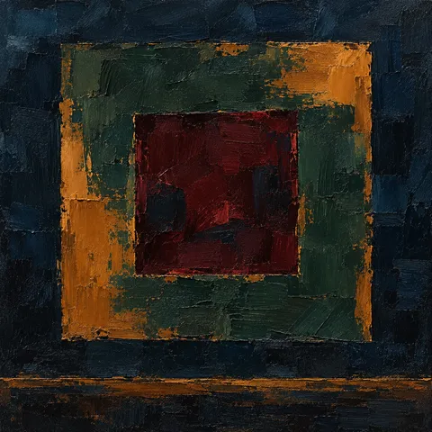 A square within a square, the inner one recessed in black, rust, forest green; square artwork.
