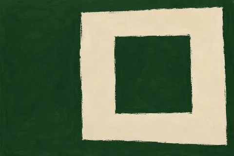 A square within a square, the inner one recessed in forest green, cream, sage; landscape artwork.