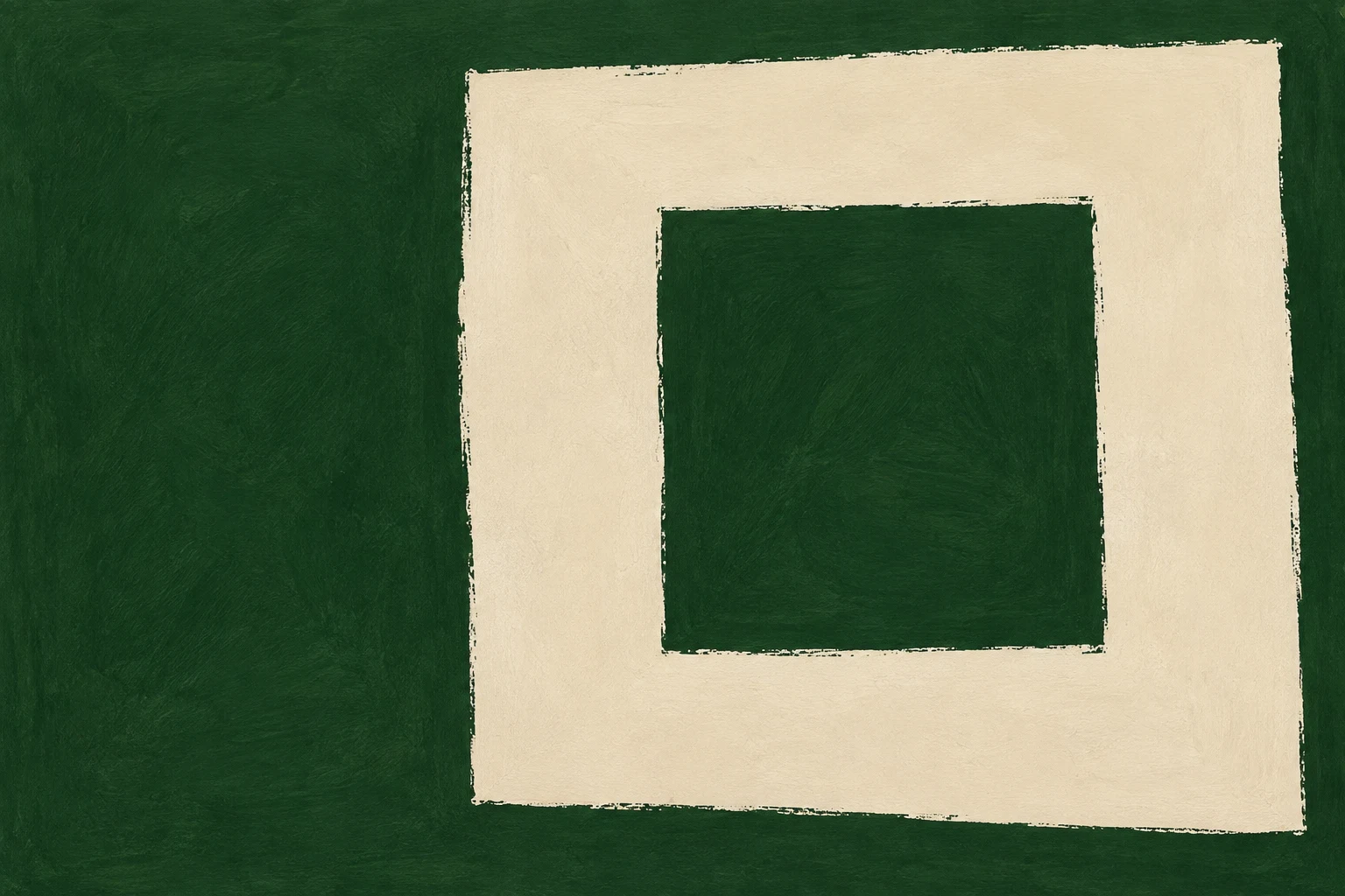 A square within a square, the inner one recessed in forest green, cream, sage; landscape artwork.