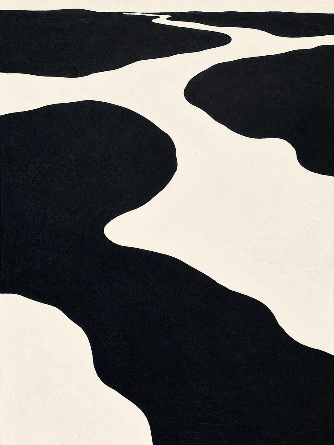 Thick flowing organic bands like a river seen from above in black, white, charcoal; portrait artwork.