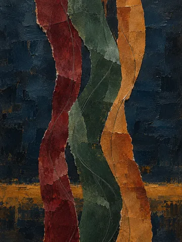 Three flowing vertical bands that bend like a slow current in black, burgundy, terracotta, charcoal; portrait artwork.