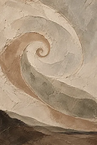 A spiral drawn in one breath in stone, taupe, sand, gray; portrait artwork.