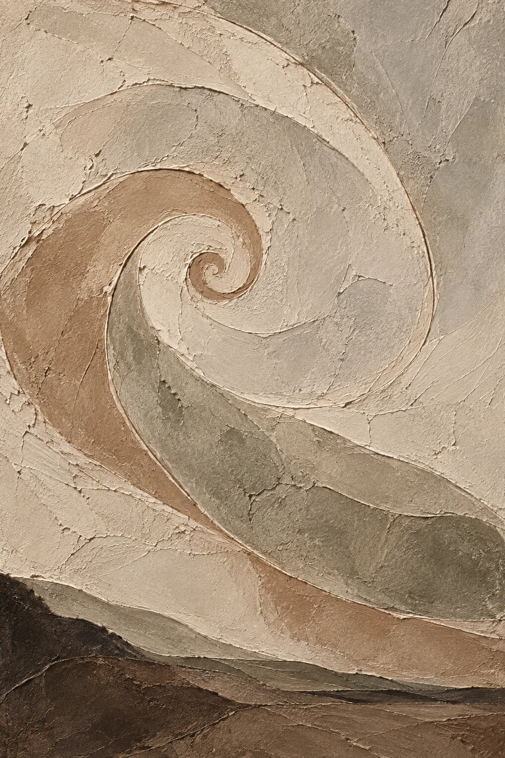 A spiral drawn in one breath in stone, taupe, sand, gray; portrait artwork.
