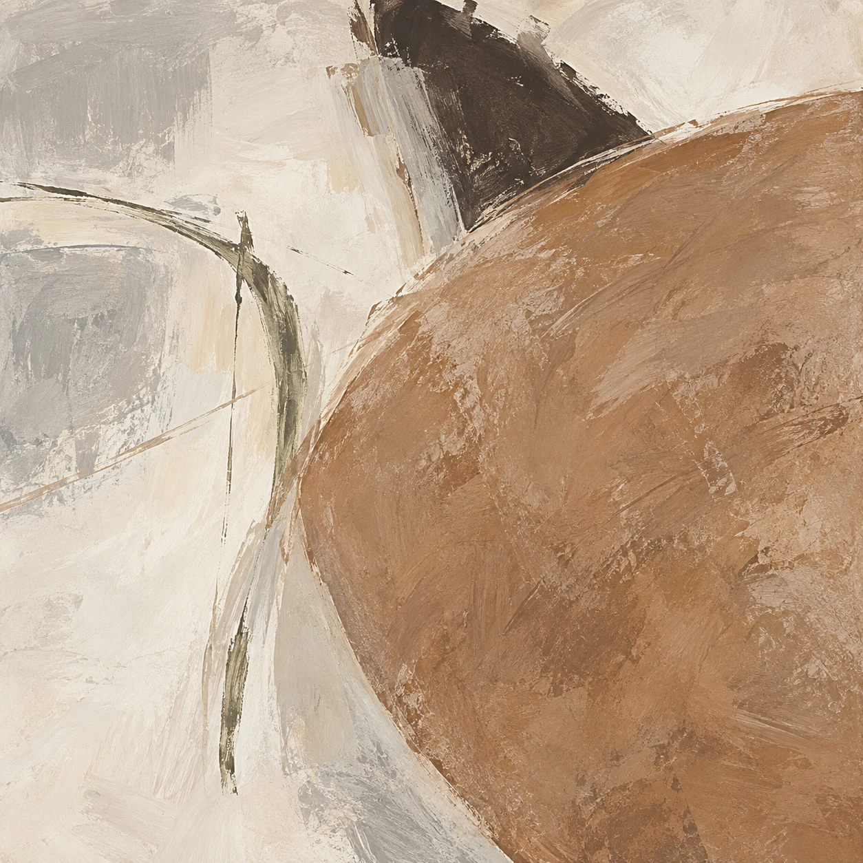 One oversized rounded form bleeding off two edges in cream, stone, ochre, taupe; square artwork.