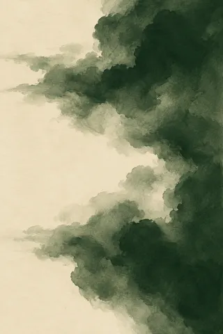 Soft cloud-like forms drifting left in cream, olive, forest green, charcoal; portrait artwork.