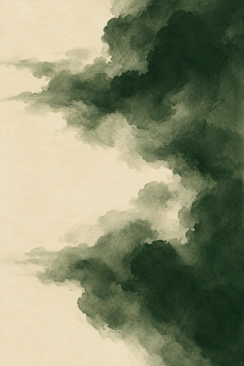 Soft cloud-like forms drifting left in cream, olive, forest green, charcoal; portrait artwork.