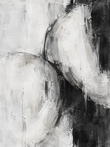 Two overlapping soft organic forms in cream, black, stone, gray; portrait artwork.