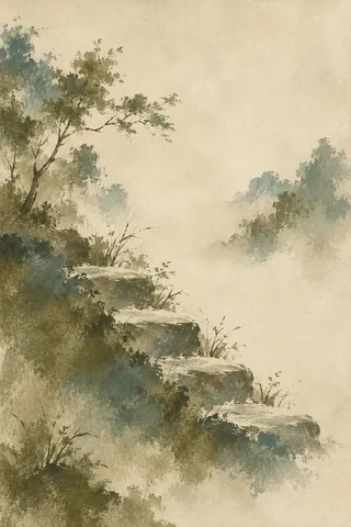 Four shallow steps descending across the field in cream, taupe, sage, olive; portrait artwork.